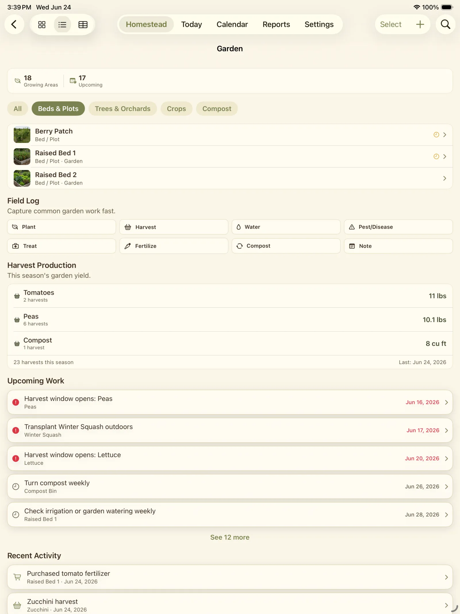Garden hub showing crops, current items, field log actions, upcoming work, and recent activity.